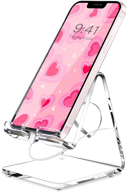 Crpich Acrylic Cell Phone Stand, Portable Phone Holder, Clear Phone Stand for Desk, Compatible with Phone15 14 13 Pro Max Mini 12 11 Plus SE, Switch, Android Smartphone, Pad, Tablet, Desk Accessories
