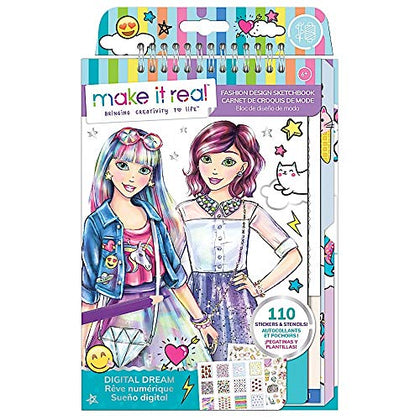 Make It Real: Fashion Design Sketchbook: Digital Dream - Includes 110 Stickers & Stencils, Draw Sketch & Create, Fashion Coloring Book, Tweens & Girls, Kids Ages 6+
