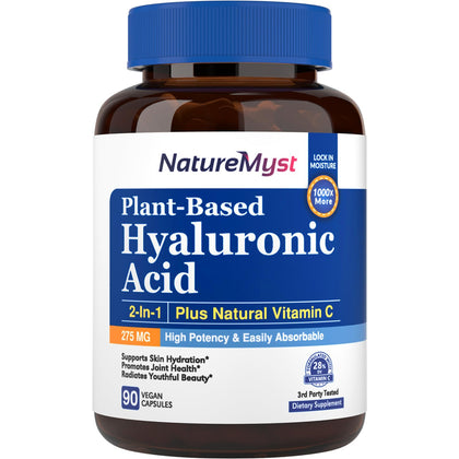 NatureMyst Hyaluronic Acid, 250mg Plant-Based Hyaluronic Acid Plus 25mg Natural Vitamin C, Easily Absorbable, Collagen Production, Skin & Joint Support, 90 Vegan Caps