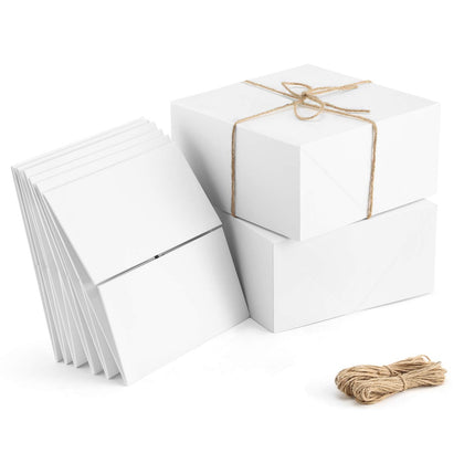 ValBox Premium Gift Boxes 10 Pack 8 x 8 x 4 White Paper Gift Boxes with 20 Meters Hemp Rope for Christmas Gifts, Bridesmaid Proposal Boxes, Easy Assemble Boxes