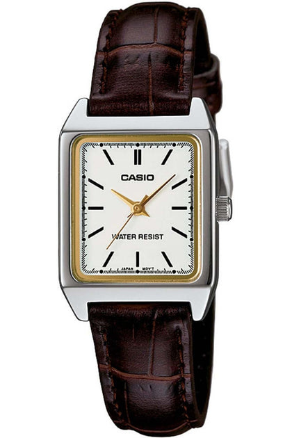 Casio Womens Analogue Quartz Watch with Leather Strap LTP-V007L-7, Brown/White, Strap.