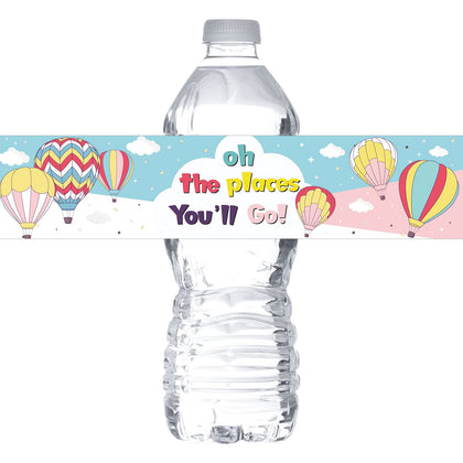 Oh The Places You'll Go Water Bottle Labels Stickers/Travel Themed Bottle Wrappers/Going Away/Retirement/Graduation/Farewell Party Water Labels Supplies Waterproof (Set of 32)