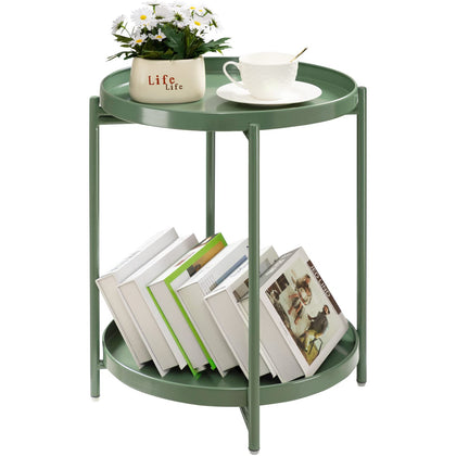 TeoKJ 2 Tier Green Side Table, Folding Round Metal End Table Small Nightstand Accent Table with Two Removable Tray for Bedroom Living Room Bedside Small Spaces Dark Green