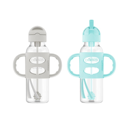 Dr. Brown's Milestones Narrow Sippy Straw Bottle with 100% Silicone Handles, 8oz/250mL, Gray & Green, 2 Pack, 6m+