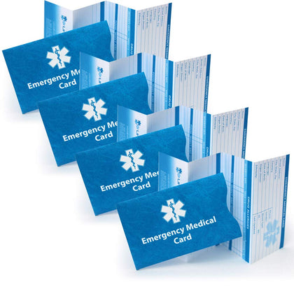Medical Alert Wallet Cards with Protective Tyvek Sleeves Choose Emergency Medical Card 4-Pack or 6-Pack. Bonus Medical Symbol Adhesive Card Holder for Smartphones on 6pk only.