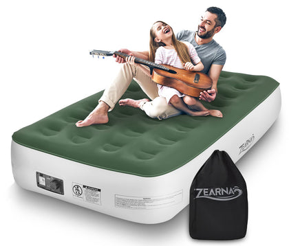 Zearna Twin Air Mattress with Built in Pump,Inflatable Blow Up Mattresses for Camping,Guests&Travel Storage Bag,13''Airbed Fast Inflation Green Bed
