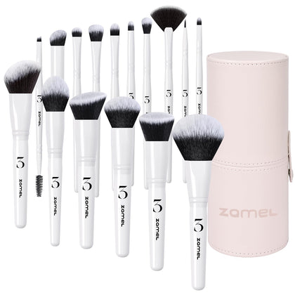 ZAMEL Makeup Brushes 16Pcs White Premium Bristles Makeup Brush Set, Full Face Travel Make up Brushes Set with Case , Synthetic Eyeshadow Concealer Eyeliner Eyebrow Blending Highlight Brush.