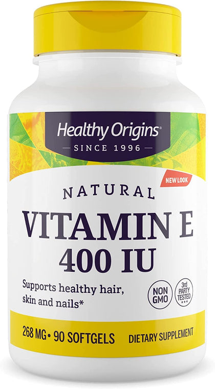 Healthy Origins Vitamin E, 400 IU with Naturally Sourced Mixed Tocopherols - Vitamin E Supplement - Non-GMO & Gluten-Free Skin, Hair, & Nails Vitamin - 90 Softgels