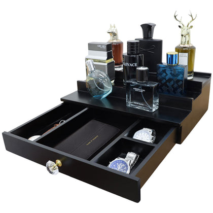 Cologne Organizer for Men Valentine's Day Gift 3 Tier Cologne Stand with Drawer and Hidden Compartment Cologne Holder for Men, Wood, Cologne Shelf for Men Gift Perfume Mens Cologne Tray