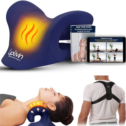 Uplivin Neck Stretcher for Pain Relief- Heated Neck Stretcher for Muscle Relaxation | Posture Corrector for Neck Hump Corrector | Cervical Traction Device with Posture Corrector, Ebook Video Guide