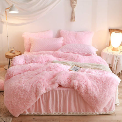 HAIHUA Luxury Plush Shaggy Duvet Cover Flannel Velvet Bedding (1 Faux Fur +2 Pillowcases) Fluffy Comforter Bed Sets 3 Pieces,Zipper Closure (Pink, Queen)