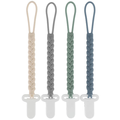 4-Pack Silicone Pacifier Clips with a Woven Rope Shape for Baby Boys and Girls - Flexible and Rust-Free Holders for Teething Relief and Baby Essentials, Safe for Newborns (Grey)