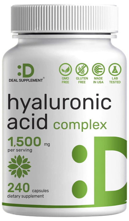 Hyaluronic Acid Supplements 1,500mg - 240 Capsules, with MSM & Vitamin C - Pure 95% | Non-GMO + Plant Based HA - Supports Healthy Joints, Bones, Connective Tissue, & Skin Hydration