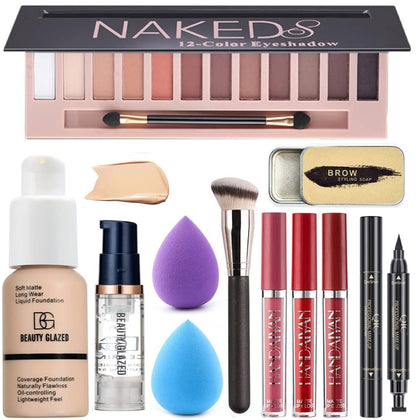 All in One Makeup Kit For Girls 12 Colors Naked Matte Eyeshadow Palette, Nude Foundation Face Primer, Makeup Brush, Makeup Sponge, Eyebrow Soap Kit, Lipstick Set, Winged Eyeliner Stamp Makeup Set (SetA)