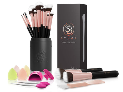 SyBay Professional Makeup Brushes (26 Pcs) Make Up Brush Set - Vegan Make Up Brushes, Lip Brushes, Eye Brushes, Blending Sponges, Brush Guide & Case