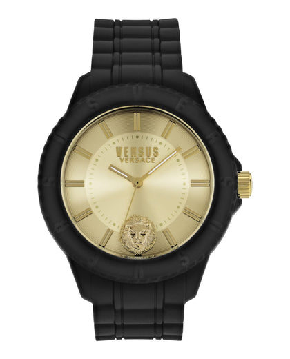 Versus Versace Tokyo Silicone Lion Collection Luxury Mens Watch Timepiece with a Black Strap Featuring a Black Case and Gold Dial