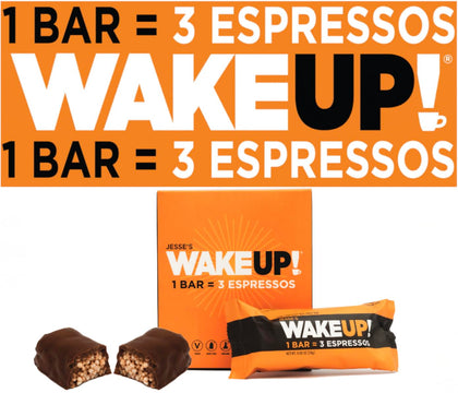 WAKE UP! Caffeinated Protein Bars (1 Bar = 3 Espressos) - Vegan Dark Chocolate with 250mg of Plant Based Caffeine, Low Sugar, Gluten Free, Dairy Free, Egg Free, Non-GMO, Kosher Ingredients - Brain Focus, Clarity & Sustained Energy Boost, 6-Pack