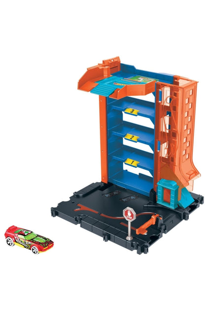 Hot Wheels City Toy Car Track Set Downtown Car Park Playset with 1:64 Scale Vehicle, 4 Levels, Working Lift & Exit Chute