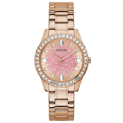 GUESS Ladies Sport Glitter & Crystal 38mm Watch - Pink Glitz Dial with Rose Gold-Tone Stainless Steel Case & Bracelet