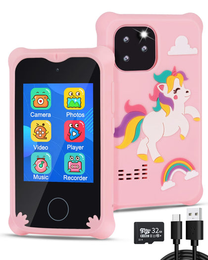 BESTOONE Kids Smart Phone Toys for 3 4 5 6 Year Old Girls, Toddler Touchscreen Phone with Dual Camera, Educational Games, MP3 Music Player, and 32GB SD Card, Christmas Birthday Gifts for Kids Ages 3-8