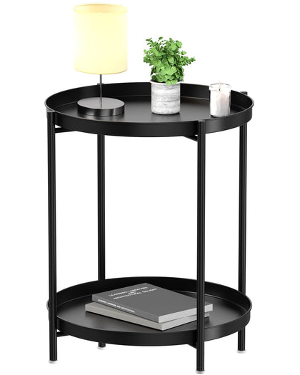 EKNITEY 2 Tier End Table - Metal Side Table Waterproof Small Sofa Coffee Side Tables Bedroom Indoor Outdoor with Removable Tray for Living Room Bedroom Balcony and Office (Black)