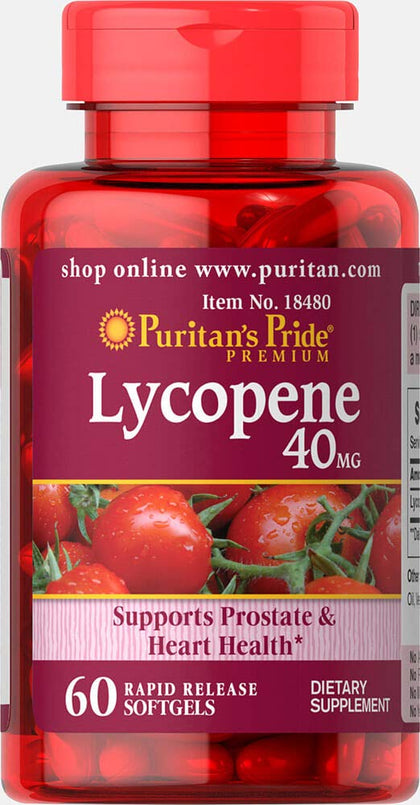 Puritan's Pride Lycopene 40 mg, Supplement for Prostate and Heart Health Support**, Contains Antioxidant Properties**, 60 Rapid Release Softgels