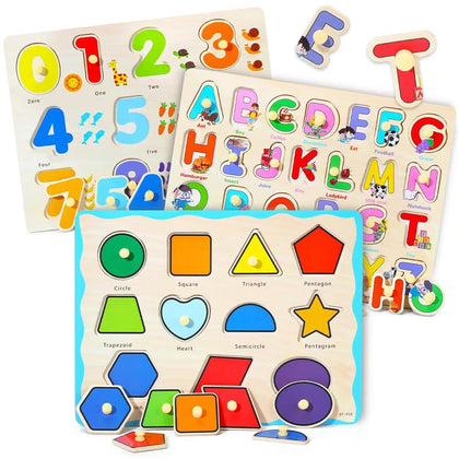 GRINNNIE Wooden Montessori Toddler Puzzles for 2 3 4 Years Old, 3 Pcs (Number, Letter, Shape) Kids Preschool Educational Peg Puzzle Set