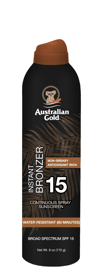 Australian Gold Continuous Spray Sunscreen with Instant Bronzer SPF 15, Immediate Glow & Dries Fast, Broad Spectrum, Water Resistant, Non-Greasy, Oxybenzone Free, Cruelty Free, 6 Ounce