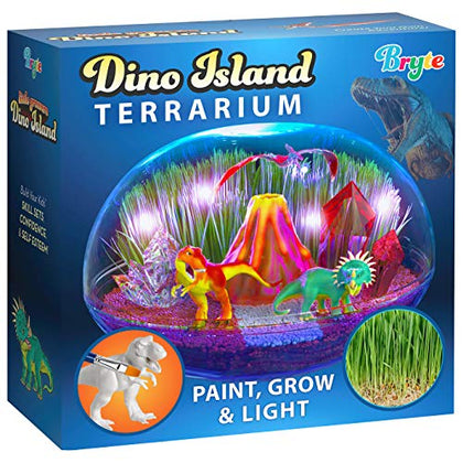 Bryte Dinosaur Light Up Terrarium Kit for Kids | Create a Dino Habitat with Real Plants, Figurines, Volcano & LED Lights | DIY Science Kit, STEM Activities, Arts and Crafts for Kids Aged 8-12 Years