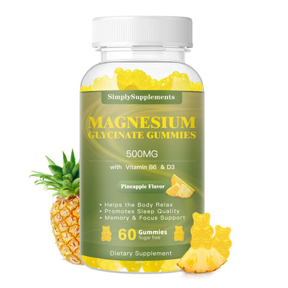 Magnesium Glycinate Gummies 500mg, Chewable Magnesium Supplement with Vitamin D3, B6, CoQ10, for Relaxation, Sleep & Mood Support, Calm Magnesium Gummies - 60 Pineapple Gummies