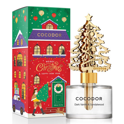 COCODOR Christmas White Tree Reed Diffuser/Dark Vanilla&Sandalwood/6.7oz(200ml) / Home Fragrance Scented Essentail Oil Stick Diffuser for Xmas Decor