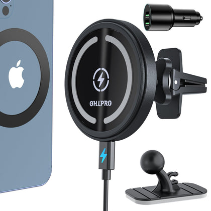 OHLPRO for Magsafe Car Mount Charger, 36W QC 3.0 Fast Charging for Magsafe iPhone 15 Promax/15 Pro/15 Plus/15/14/13/12 Pro/Plus/ProMax/Mini, Stick on Car Dashboard and Air Vent mag Safe Phone Holder