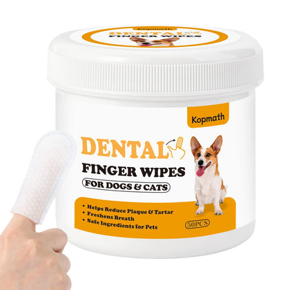 Kopmath Dental Care Finger Wipes for Dogs & Cats, Reduces Plaque & Tartar, Freshens Breath, Pre-Soaked Pet Teeth Wipes, Easy to Use Disposable Oral Cleaning Pads, 50 Count