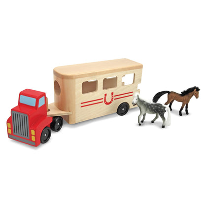 Melissa & Doug Horse Carrier Wooden Vehicle Play Set With 2 Flocked Horses and Pull-Down Ramp - Horse Figures, Wooden Horse Trailer Toy For Kids Ages 3+