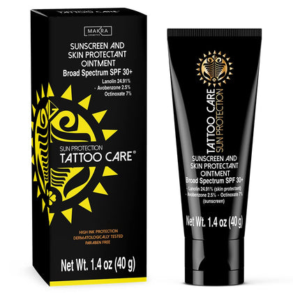 Makra Tattoo Care Sunscreen - SPF 30+ Ointment for Tattoo Sun Protection - UVA/UVB Protection - Deeply Moisturizes and Protects Ink Against Fading - Enhances Colors, Water Resistant - 1.35 Oz/40 g