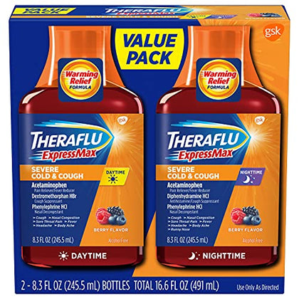 Theraflu ExpressMax Severe Cold and Cough Medicine, Daytime and Nighttime Cough and Cold Medicine for Cough Relief, Berry Flavor - 8.3 Fl Oz x 2