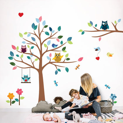 TIMBER ARTBOX Cheerful Safari Nursery Wall Decor - Woodland Jungle Wall Decals with Owls & Tree - Cute Animal Stickers for Kids Room, Baby Boys and Girls Bedroom, Classroom & Daycare Decorations