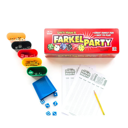 Farkel Party Game, Classic Family Dice Game, 6 Sets of Dice, 6 Dice Rolling Cups, 50-Sheet Scorepad, Fire Engine Red Tin Box, Parties & Game Nights