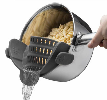 Gizmo Snap N Strain Pot & Pasta Strainer - Adjustable Silicone Clip On Strainer for Pots, Pans, & Bowls- Kitchen Gadgets, Noodle, Food, Gifts for Women, Gray