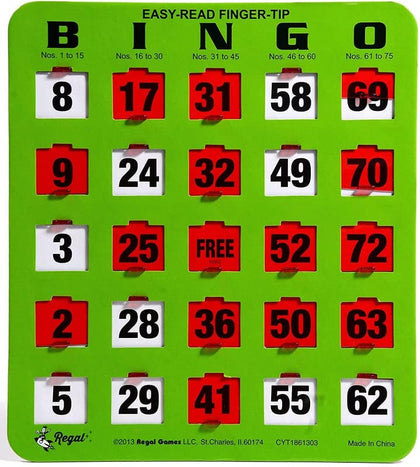 Regal Games - Shutter Slide Bingo Cards Only - 8 x 9 - 5-Ply Green Cardstock - Easy to Read - Red Sliding Windows - 25-Pack - Perfect for Large Groups, Bulk Purchasing - Non Repeating Set