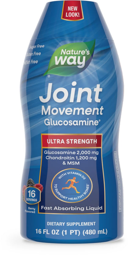 Nature's Way Joint Movement Glucosamine Fast Absorbing Liquid, Ultra Strength, Supports Healthy Bones*, Chondroitin, and MSM with Vitamin D3, Berry Flavored, 16 Fl Oz (Packaging May Vary)