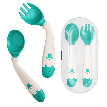 Deejoy Toddler Utensils with Travel Case, Baby Spoons and Forks Set for Self Feeding, Silicone Bendable Handle, Easy Grip Heat-Resistant, Self-feeding Flatware Sets for Kids (Stage 2) Green