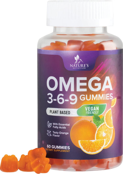 Omega 3 6 9 Vegan Gummies - Triple Strength Omega 3 Supplement Essential Oil Gummy - Omega 369 Heart Support and Brain Support for Women, Men & Pregnant Women, Non-GMO, Orange Flavor - 60 Gummies