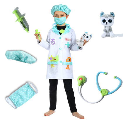 Sincere Party Veterinarian Role Play Costume,Kids Vet Doctor Lab Coat Set,Plush Animal Patient Included 7-9Years