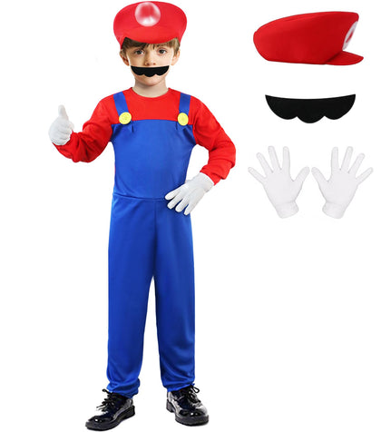 BOMLY Mario Costume for Kids Halloween Plumber Cosplay Outfit Boys Jumpsuit with Accessory (Kids-Red, Small)