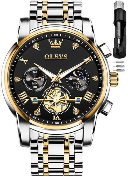 OLEVS Watch for Men Diamond Business Dress Analog Quartz Stainless Steel Waterproof Luminous Date Two Tone Luxury Casual Men Watch Black