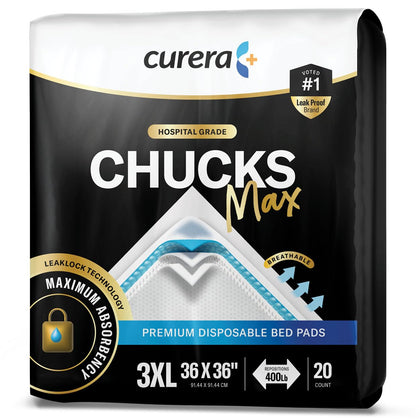 Chucks MAX Hospital Bed Pads Disposable Adult 36 x 36 Breathable Incontinence Pads - XXX-Large Pee Pads for Elderly Adults - Heavy Duty Absorbency Underpads - 400 Lbs. Patient Repositioning [20 Pads]