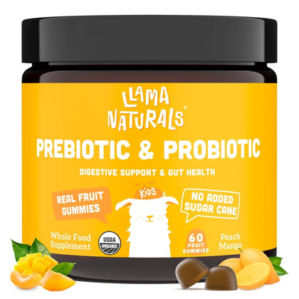 Llama Naturals Real Fruit Prebiotic & Probiotic Kids Gummies, No Added Sugar Cane, Vegan Organic Synbiotics, Children Digestion, Toddler Tummy Aches, Gut Health, 2B CFU, 60 ct (30 Days) Peach Mango