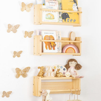 BAM + Crew Montessori Bookshelf, Set of 3, Nursery Book Shelves for Toys, Books and Decor, Bookshelves for Kids Bedroom and Bathroom, Natural Wood, Floating Wall Bookshelves