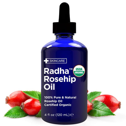 Radha Beauty 4 Oz Organic Rosehip Seed Oil 100% Pure Cold Pressed USDA Certified - Great Carrier Oil for Moisturizing Face, Hair, Skin, & Nails, Women & Men